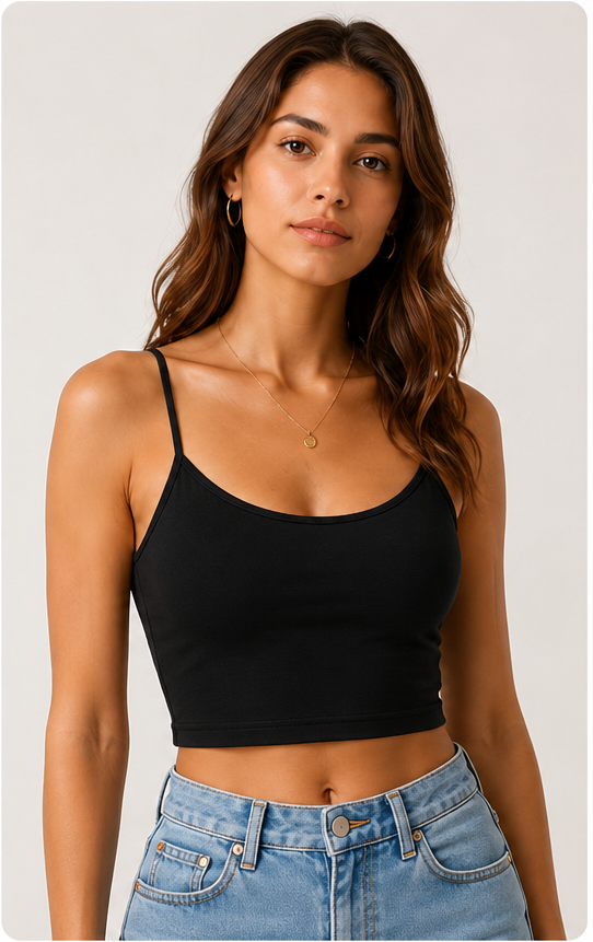 Model wearing a black camisole crop top